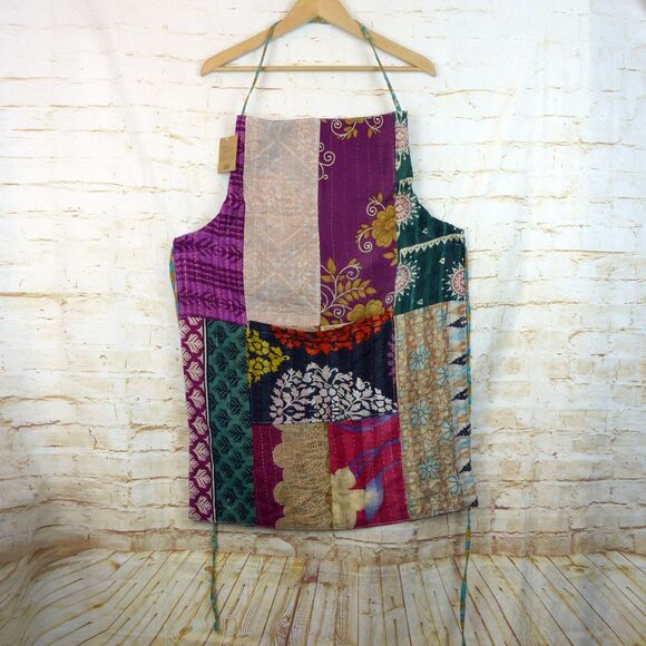 SERRV Sari Patchwork Apron One Size Colorful Upcycled Cotton Hand Stitching Boho - Picture 3 of 16